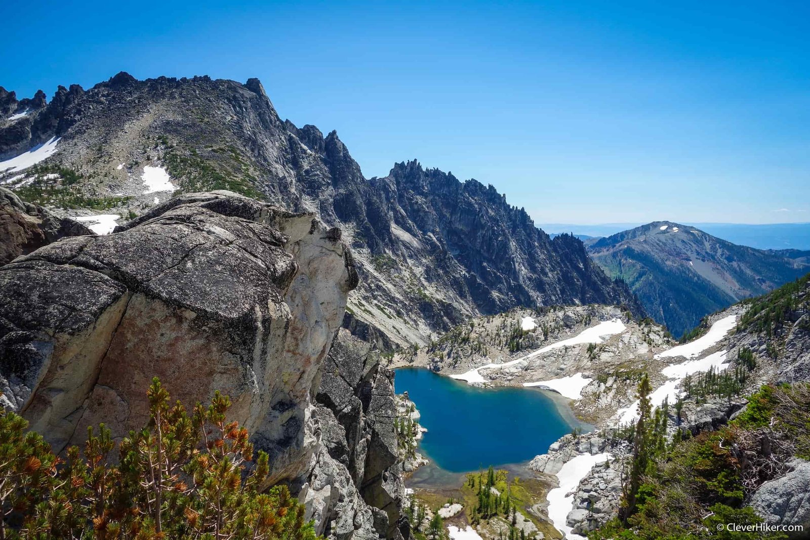 alpine lake viewed from above in the enchantments on a sunny day