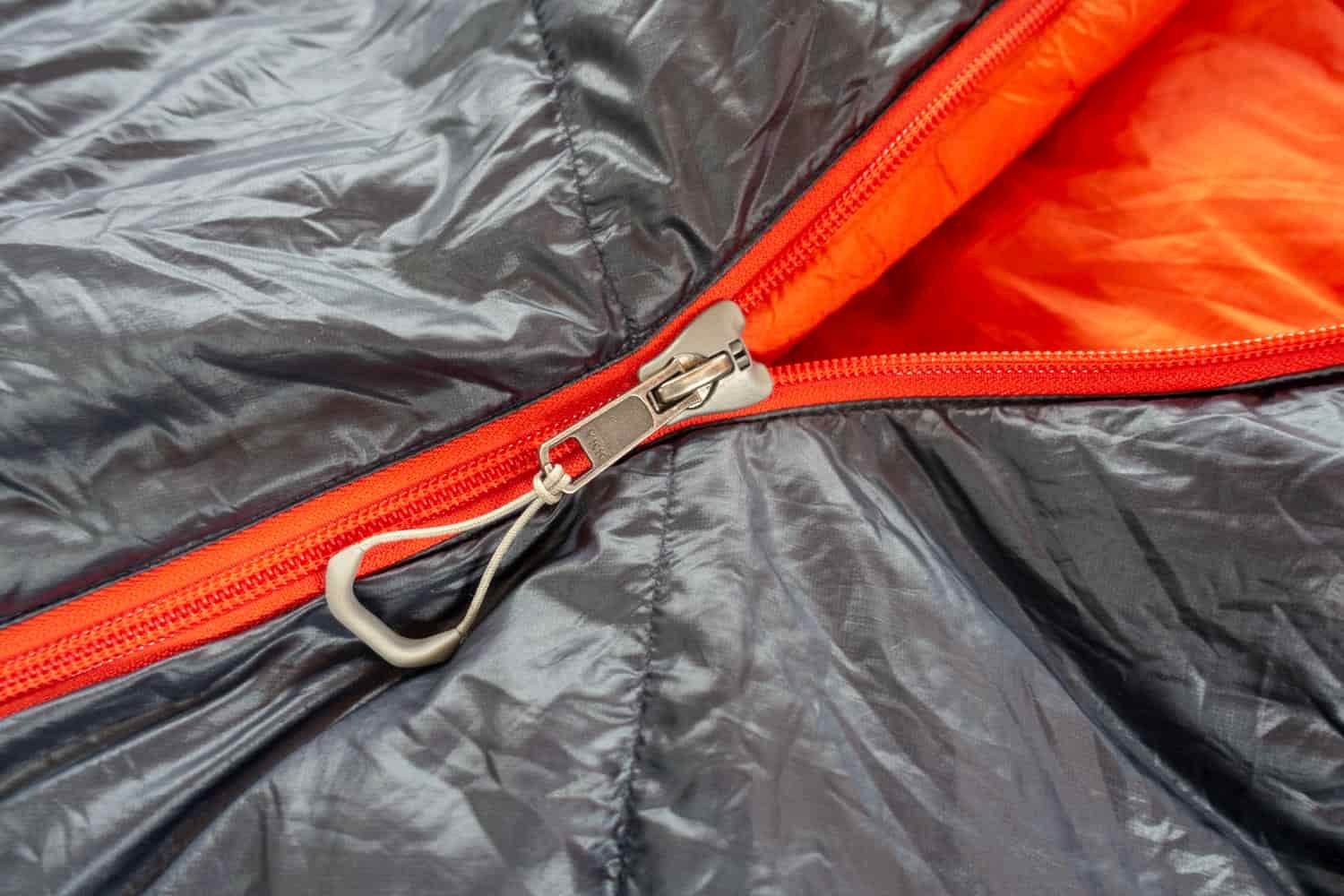 Close up of a sleeping bag zipper 