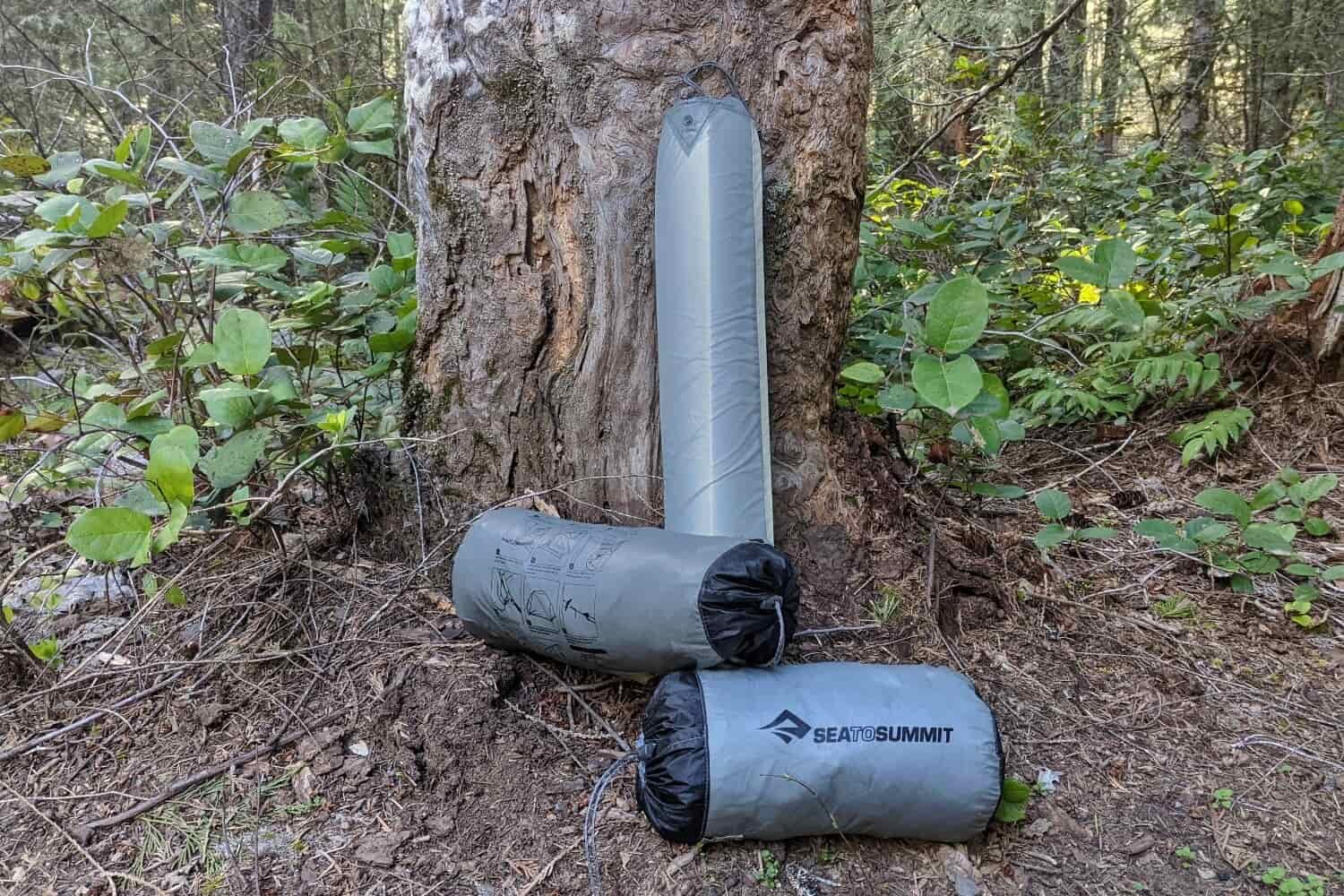 the sea to summit telos TR2 in three individual stuff sacks against a tree. 