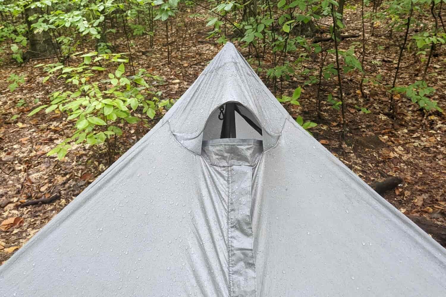the peak of the six moon designs lunar solo tent showing how moisture can vent out