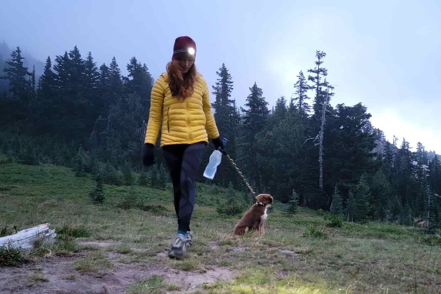 a backpacker walking their dog on a leash on a backpacking trip