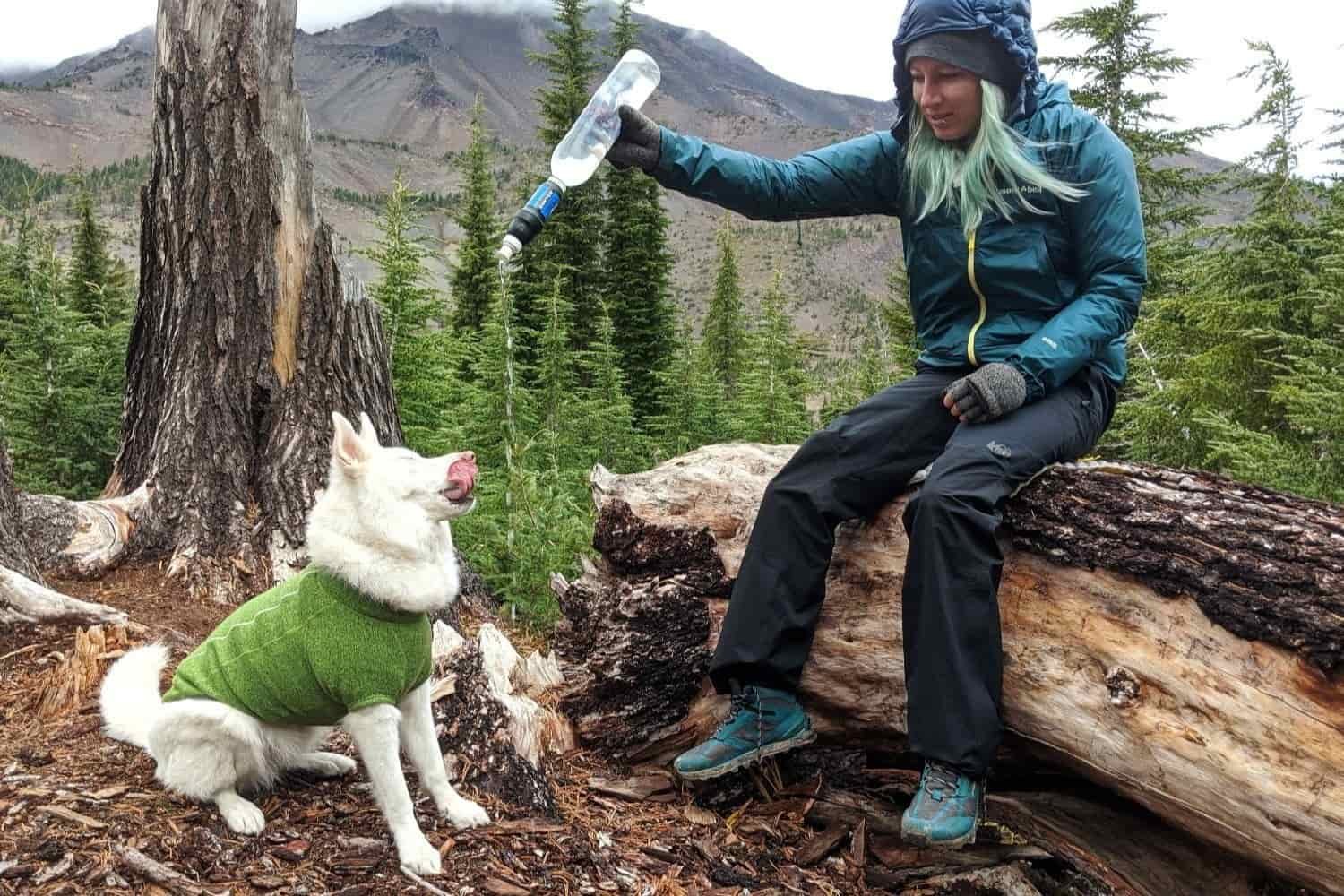 a woman squeezes a water bottle for their dog to drink from on a cold hike