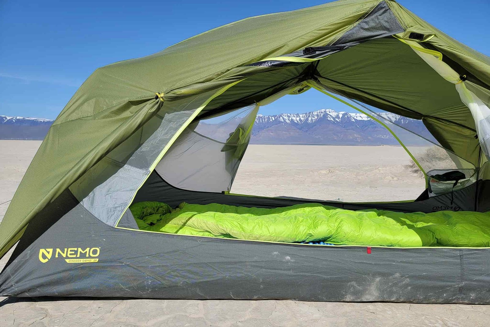 both mesh doors open and the rainfly vestibules rolled up on the nemo dagger two person tent in the alvord desert playa
