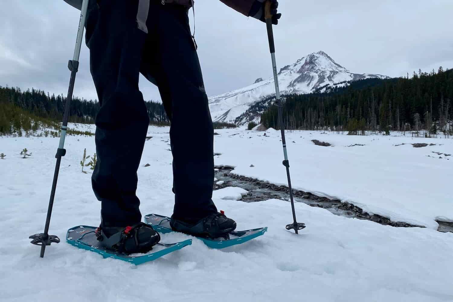 the legs and feet of a backpacker wearing snowshoes