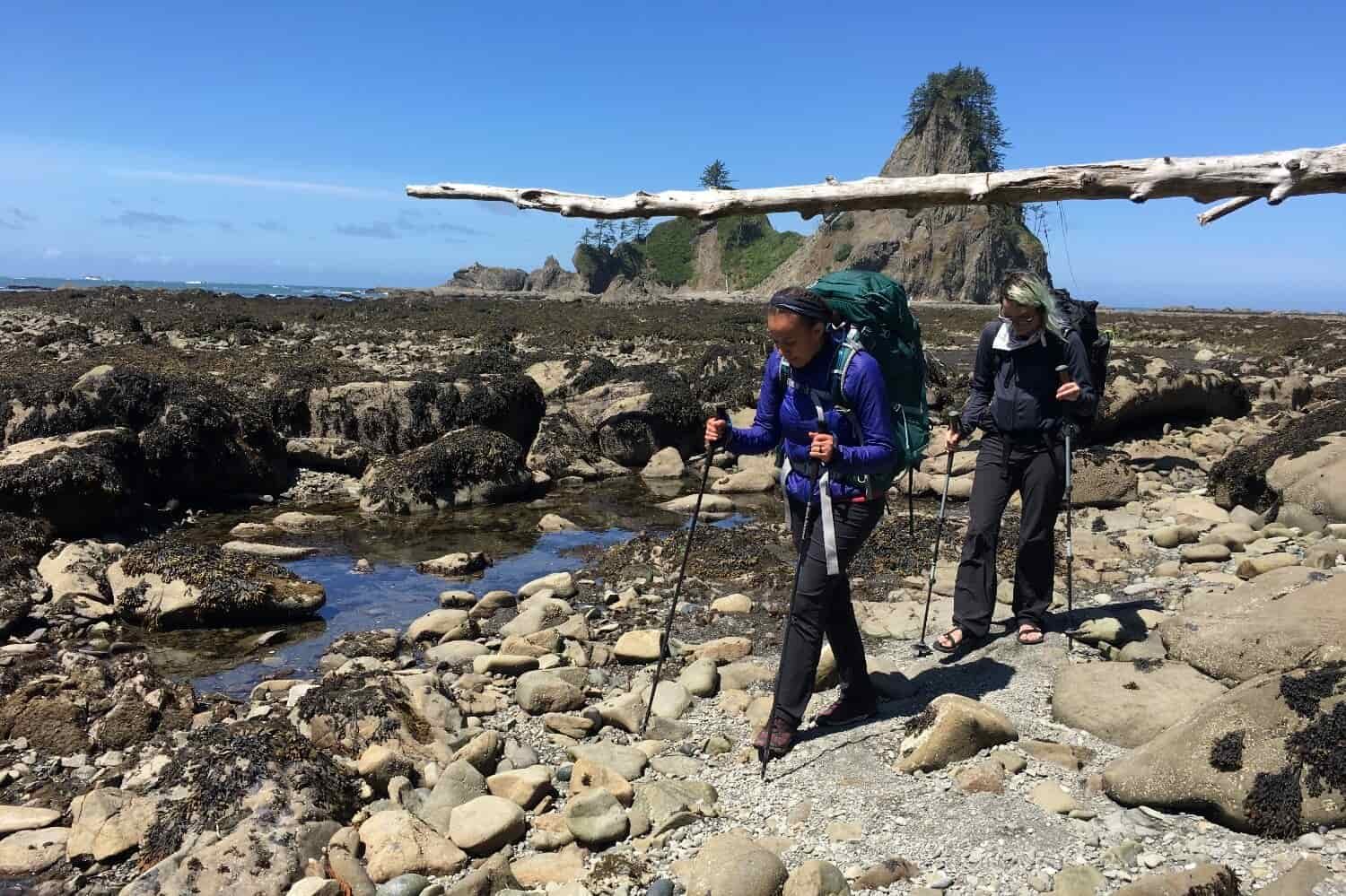 backpackers on a coastal oregon hike using their trekking poles to navigate slippery rocks