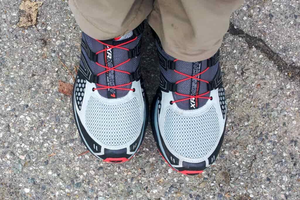 Closeup of a brand new pair of Salomon XR Mission hiking shoes