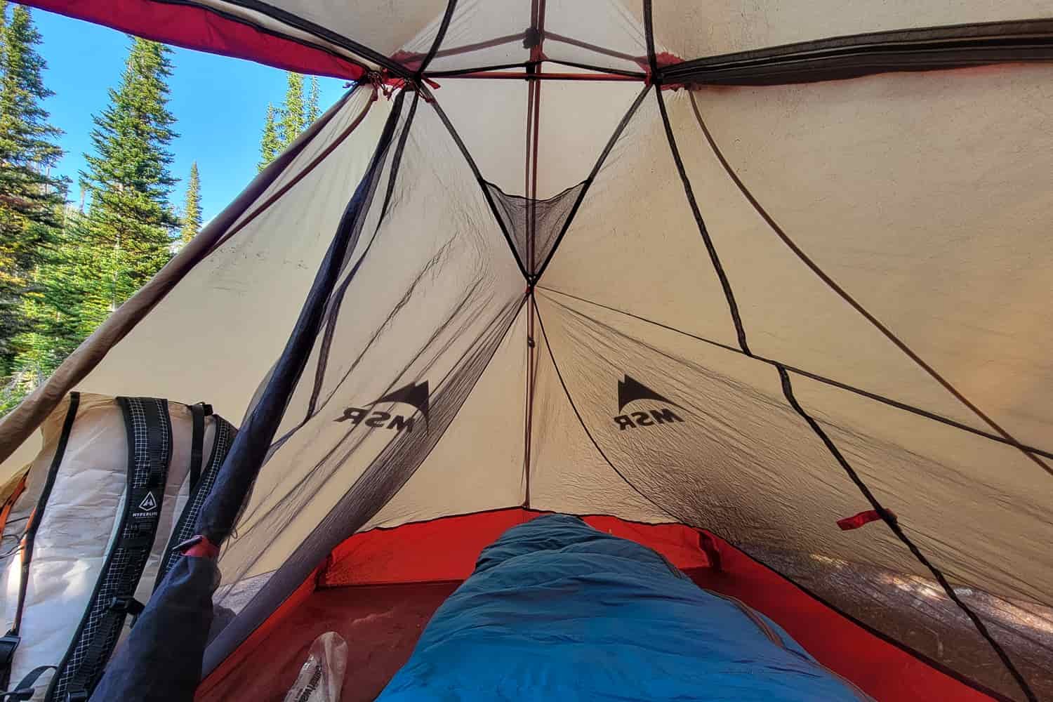 the view from inside the MSR Freelite 2 with mesh walls, and waterproof floor