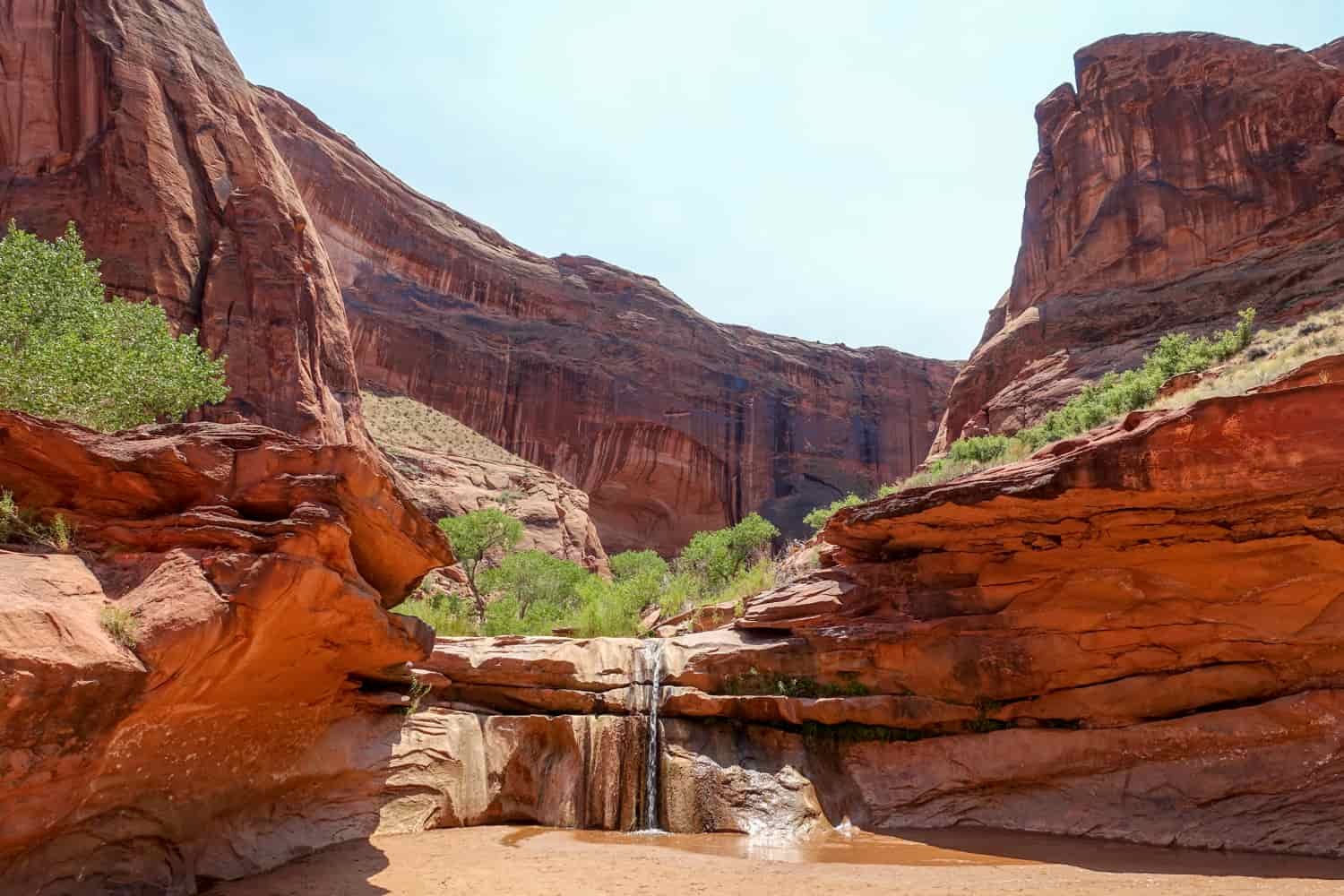 a trickle waterfall running down orange rocks in the desert