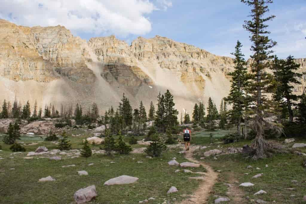 far off shot of a male hiker walking down the trail toward a green basin at the foot of light tan mountains 