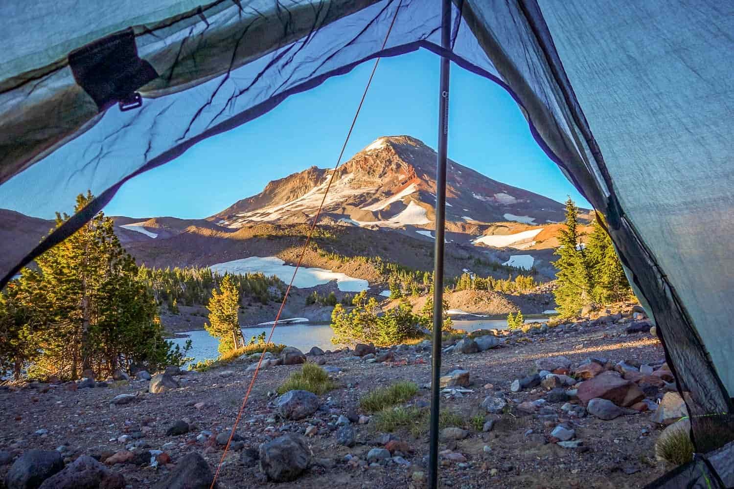 view of the three sisters in the morning from inside the tent
