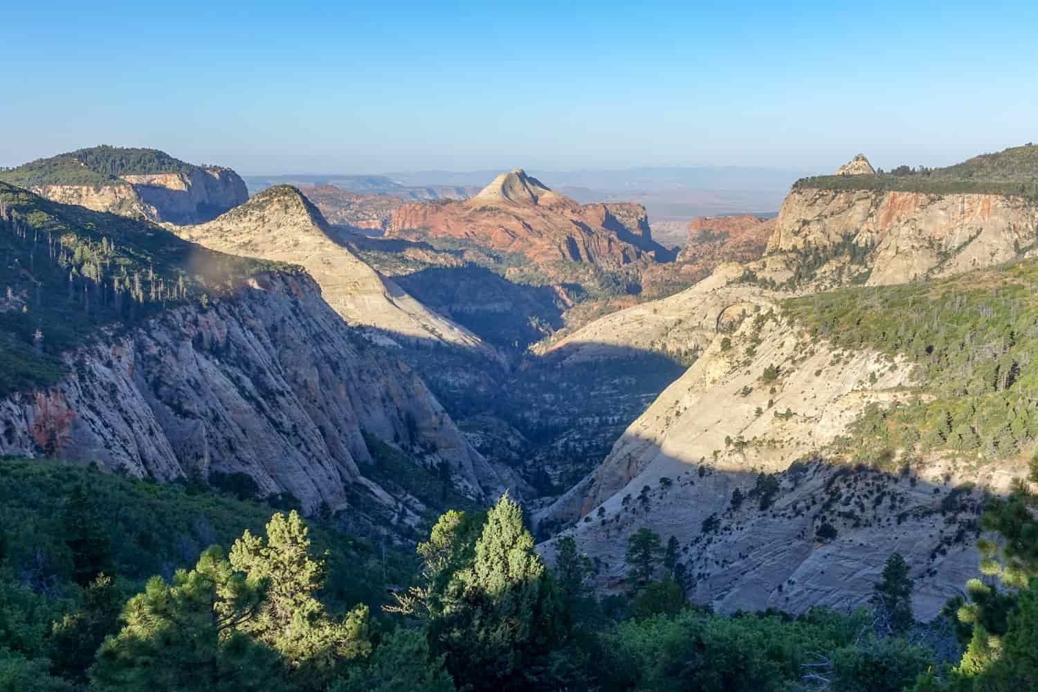 a massive valley in zion national park with half of the land in the shade and half in the sun