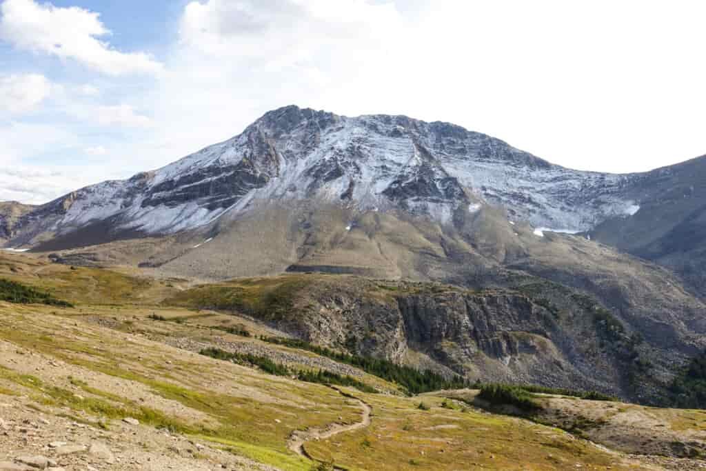 snow dusted peaks in jasper national park on the approach to the skyline trail