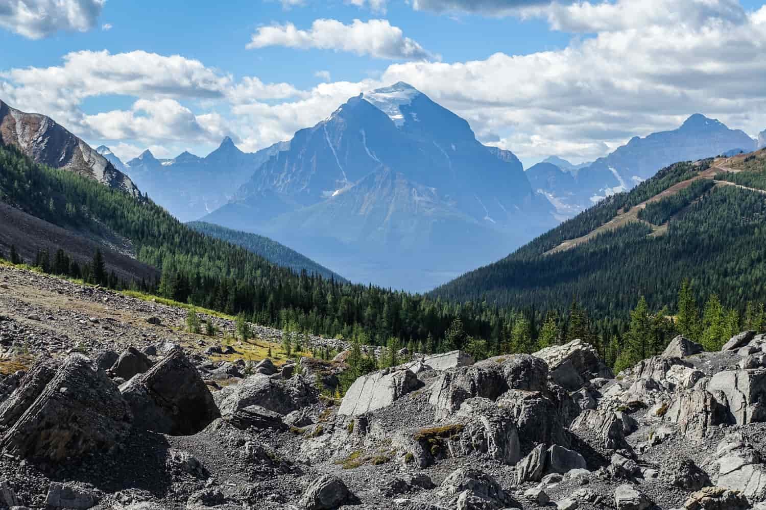 mountains of the sawback trail in banff in the summer