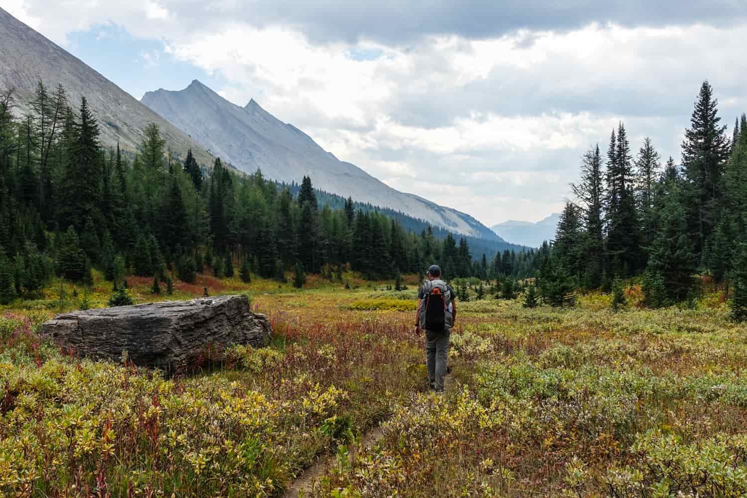 backpacker walking in the fall in banff national park