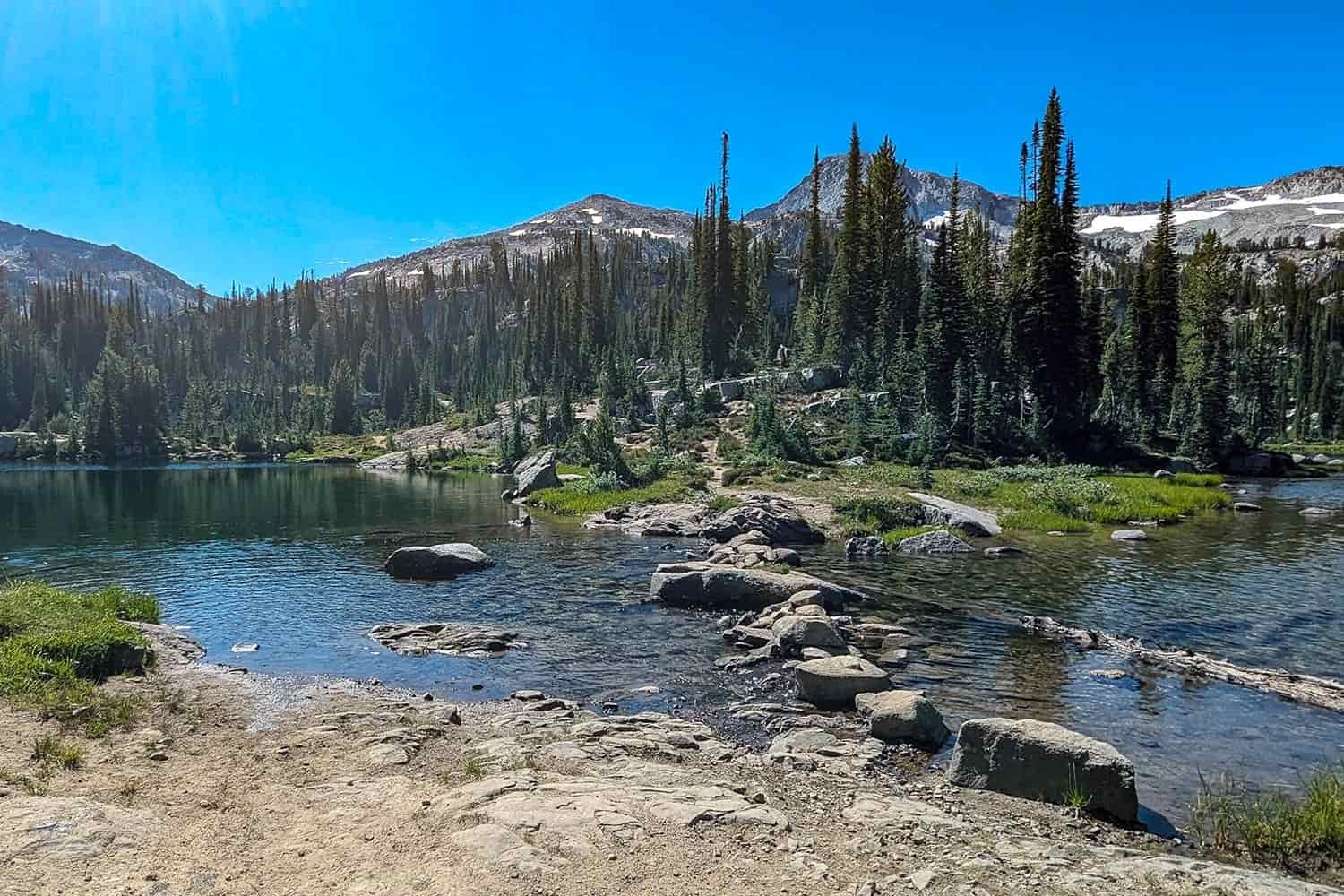rocks laid by trail crews in the eagle cap wilderness to pass between two small lakes. 