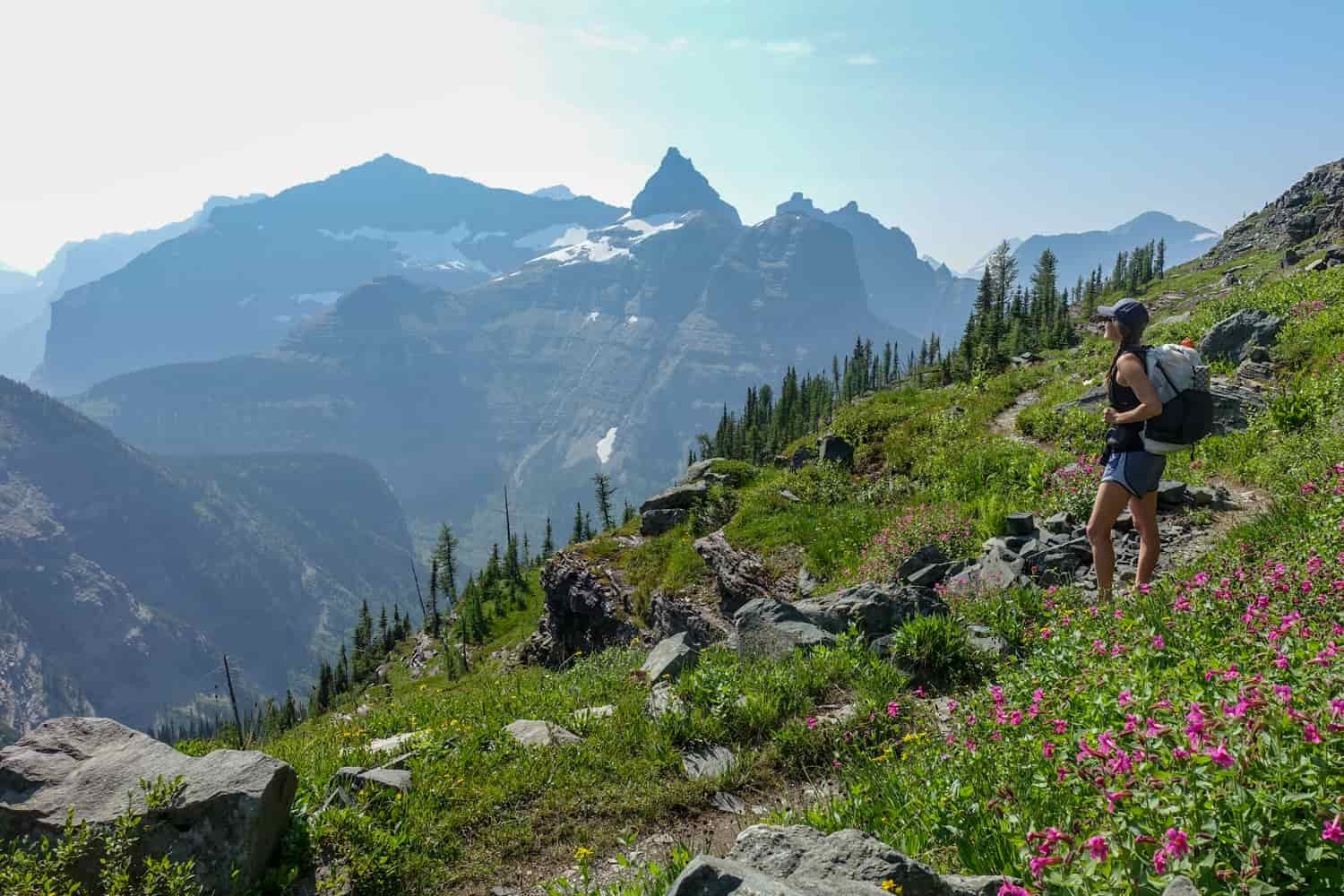 hiker overlooking a massive valley in glacier national park