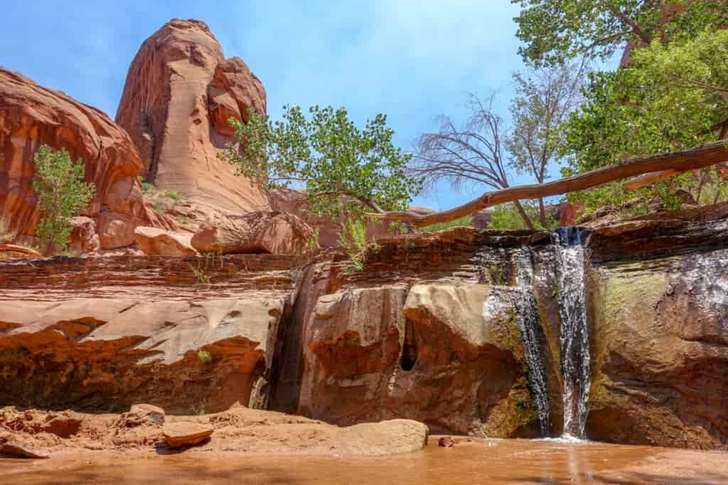 a small waterfall among large orange rock structures in the desert