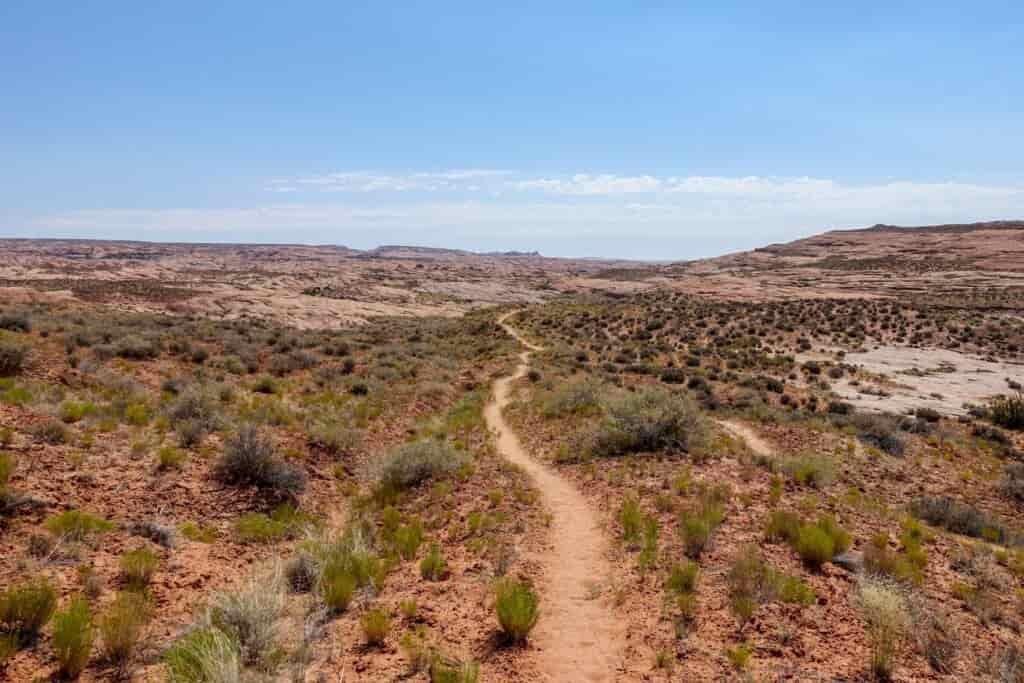a trail meanders through sage brush and desert landscape
