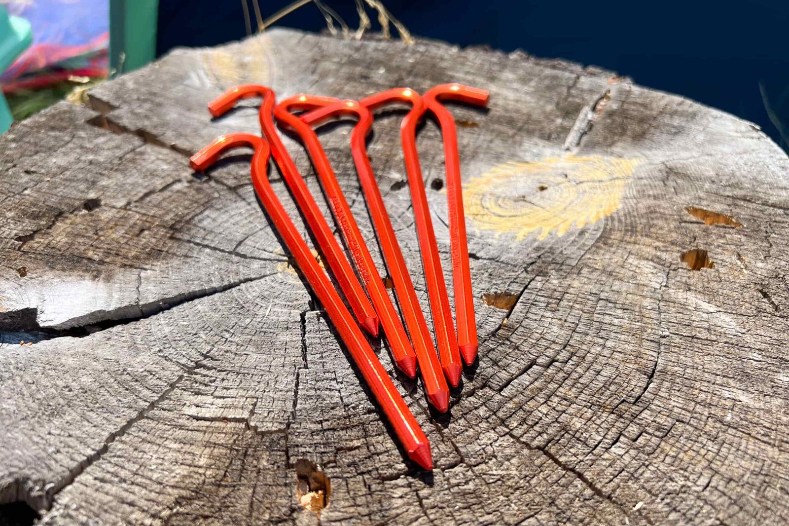 The image shows 6 red tent stakes on a tree stump.