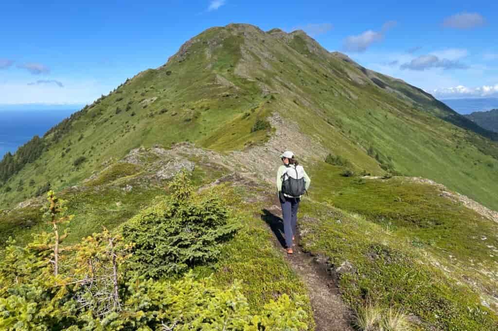 A man walks on an alpine ridge in the sunshine.