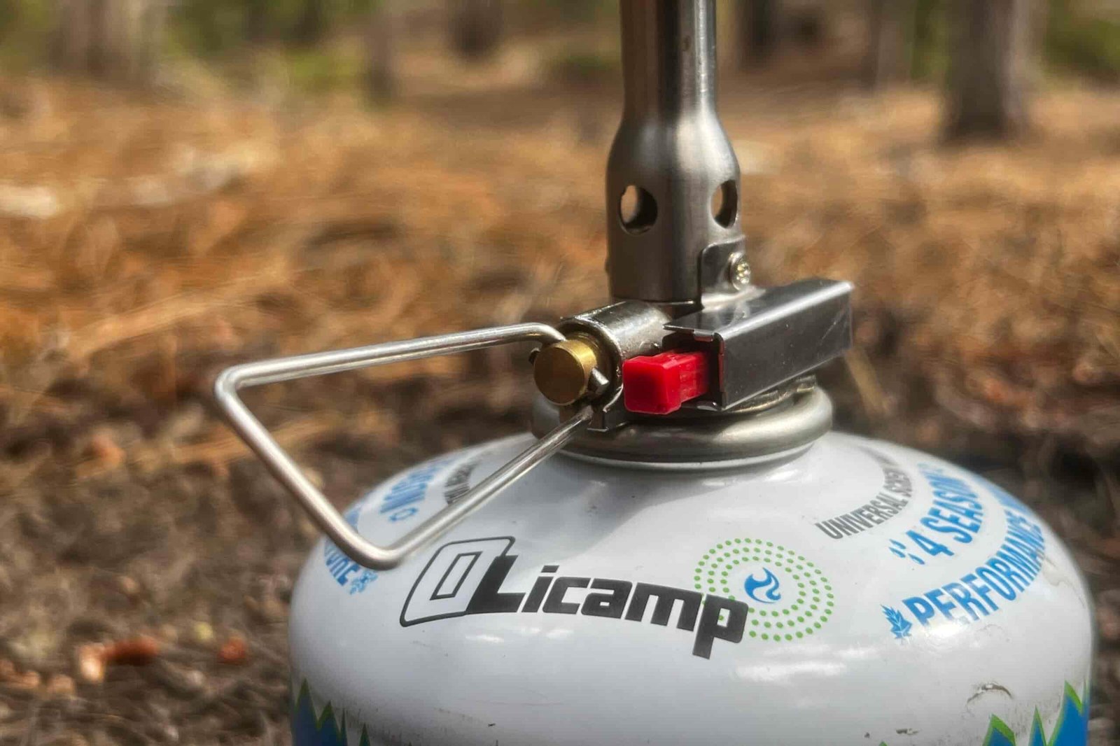 A close up of the valve control and igniter switch on the Amicus stove. The photo is on a blurred, treed background.