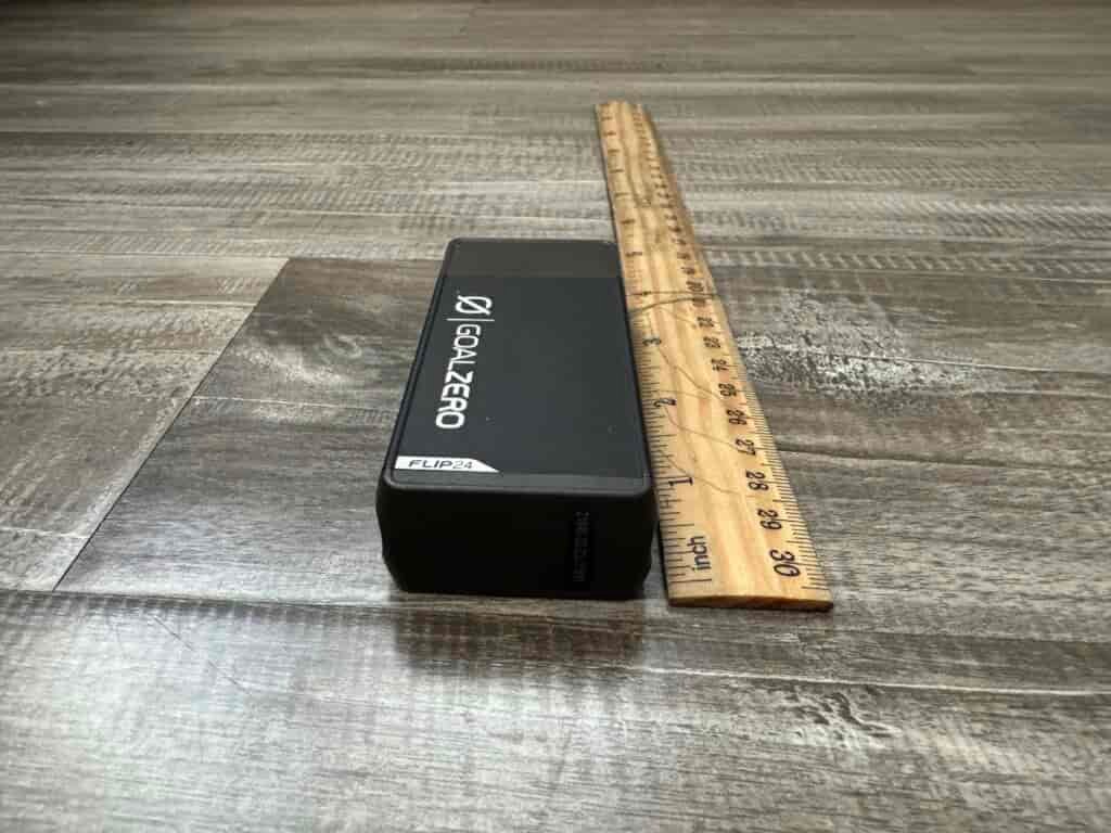 Close up of the Goal Zero being measured with a ruler.