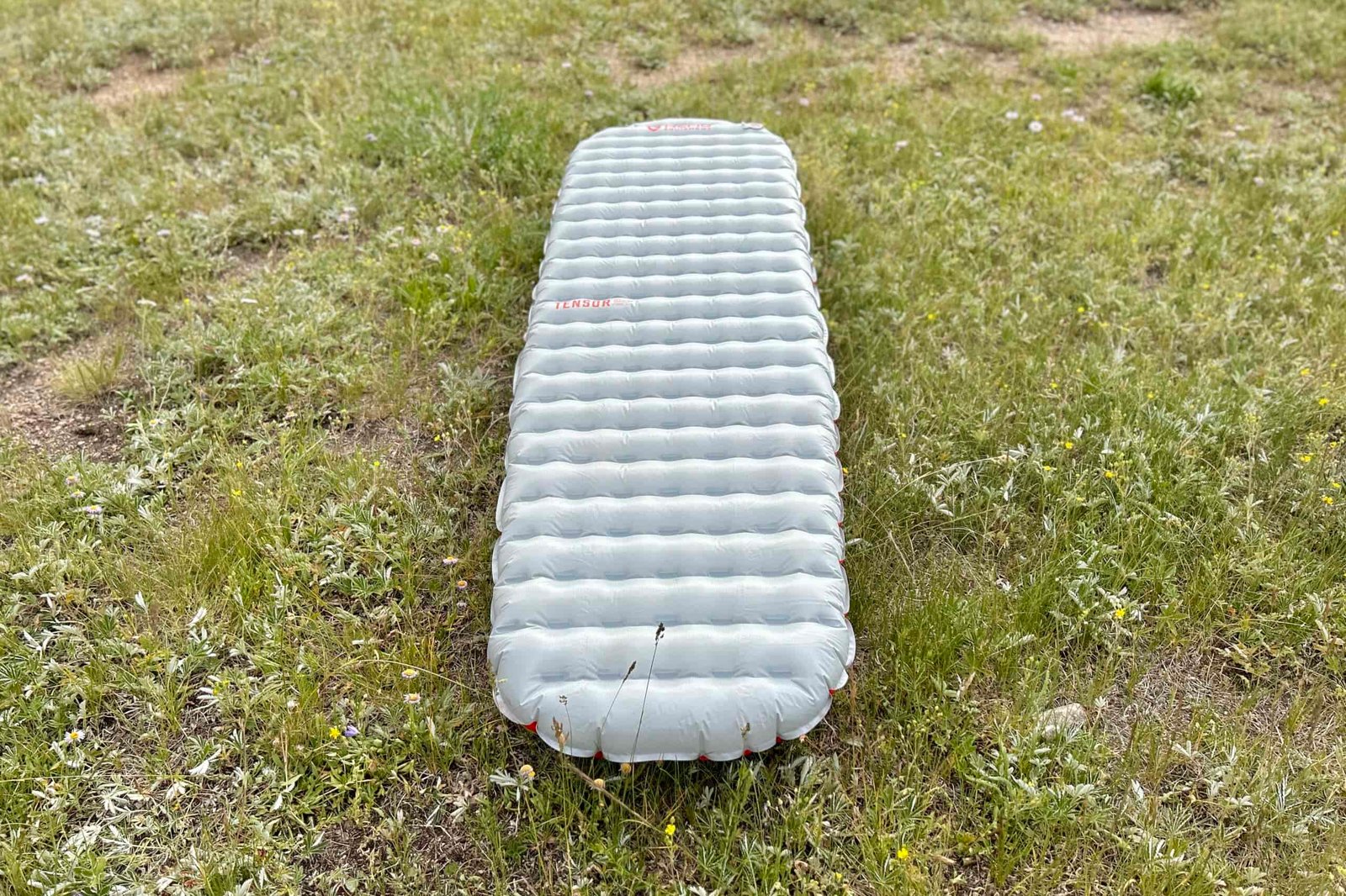 A sleeping pad rests on the ground in a field, surrounded by grass.