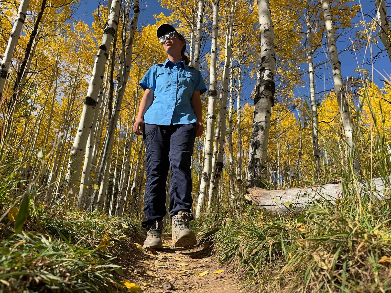 a day hiker wearing the north face aphrodite 2.0 pants on a trail through an aspen forest