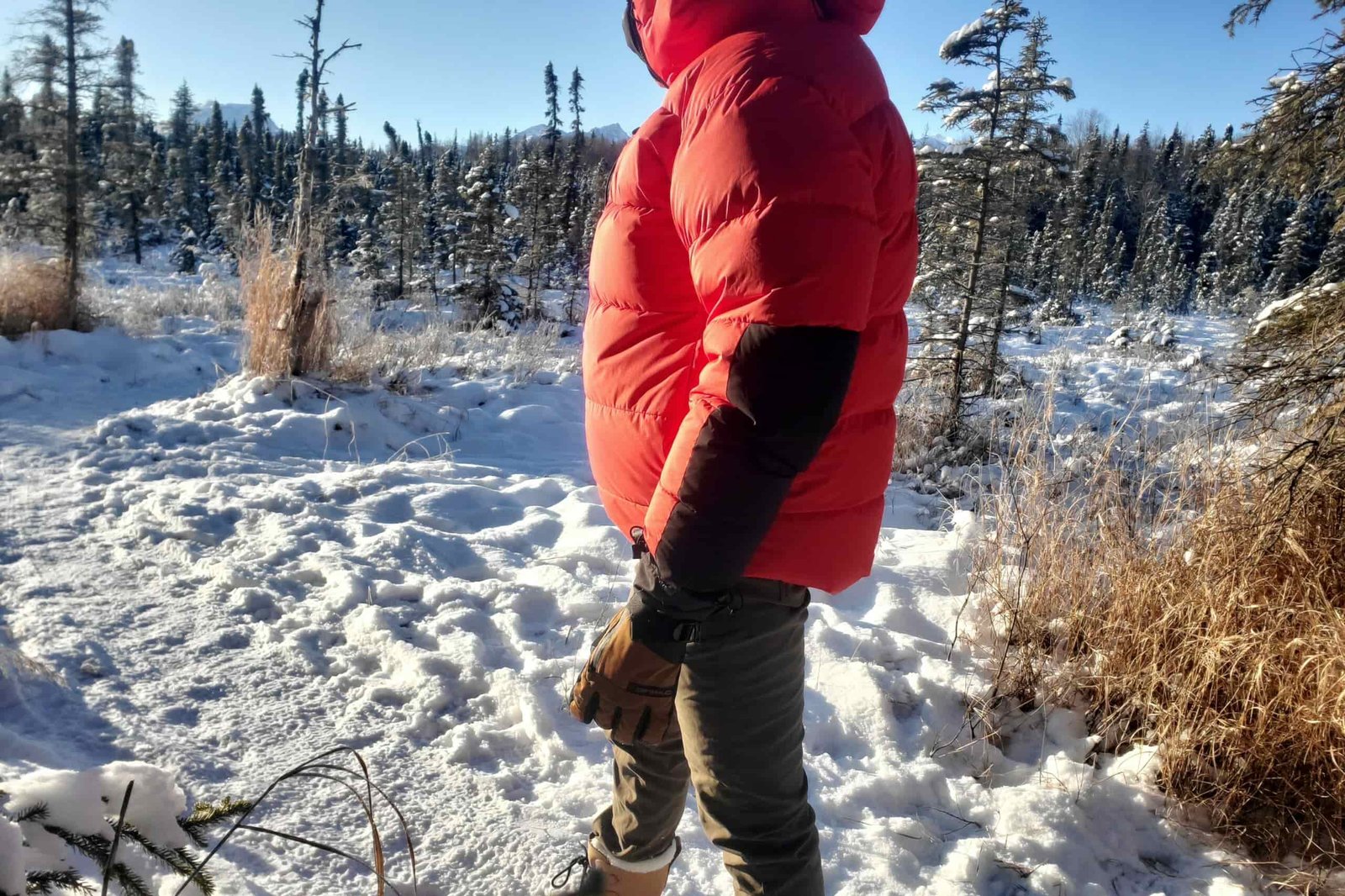 A closeup of the reinforced elbows of a down jacket.