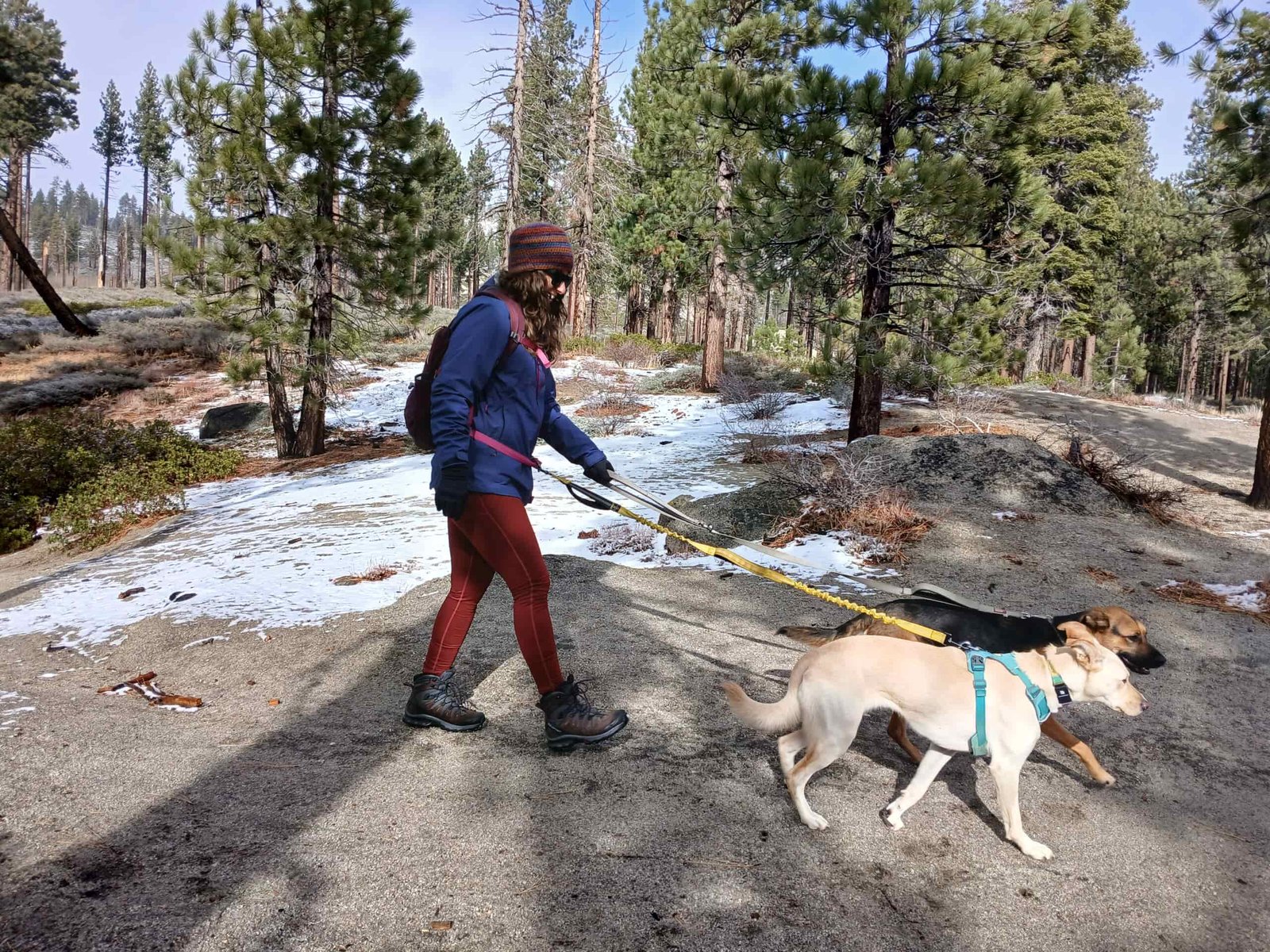Woman hiking in reddish/orange leggings on a dirt trail with a little snow on the sides of the trail. She's wearing a small purple backpack, a different color purple rain jacket, and a beanie, plus brown and grey hiking boots. There are pines trees, bushes, and granite rocks off to the sides of the trail.