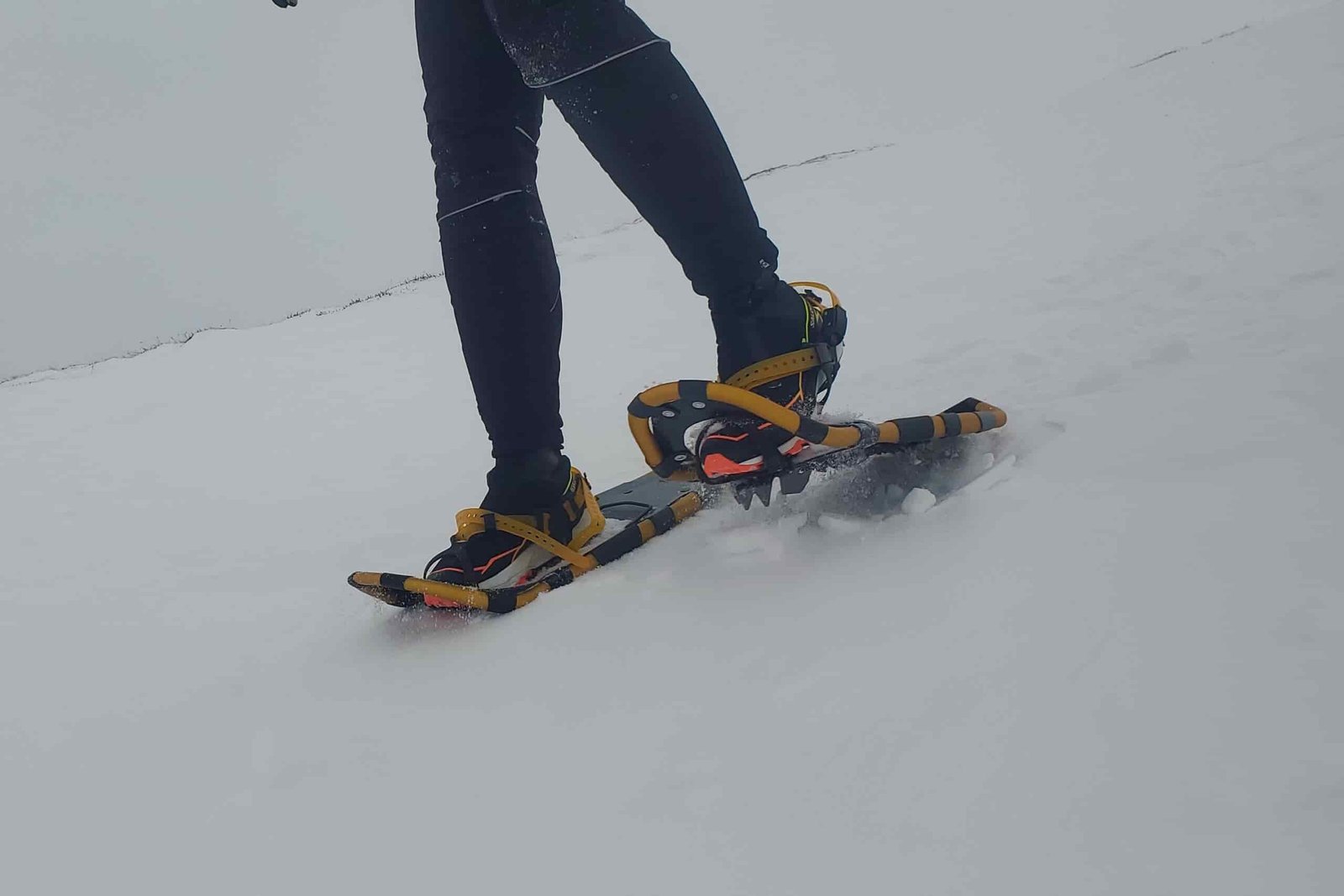 Snowshoes walking down a snowy hill