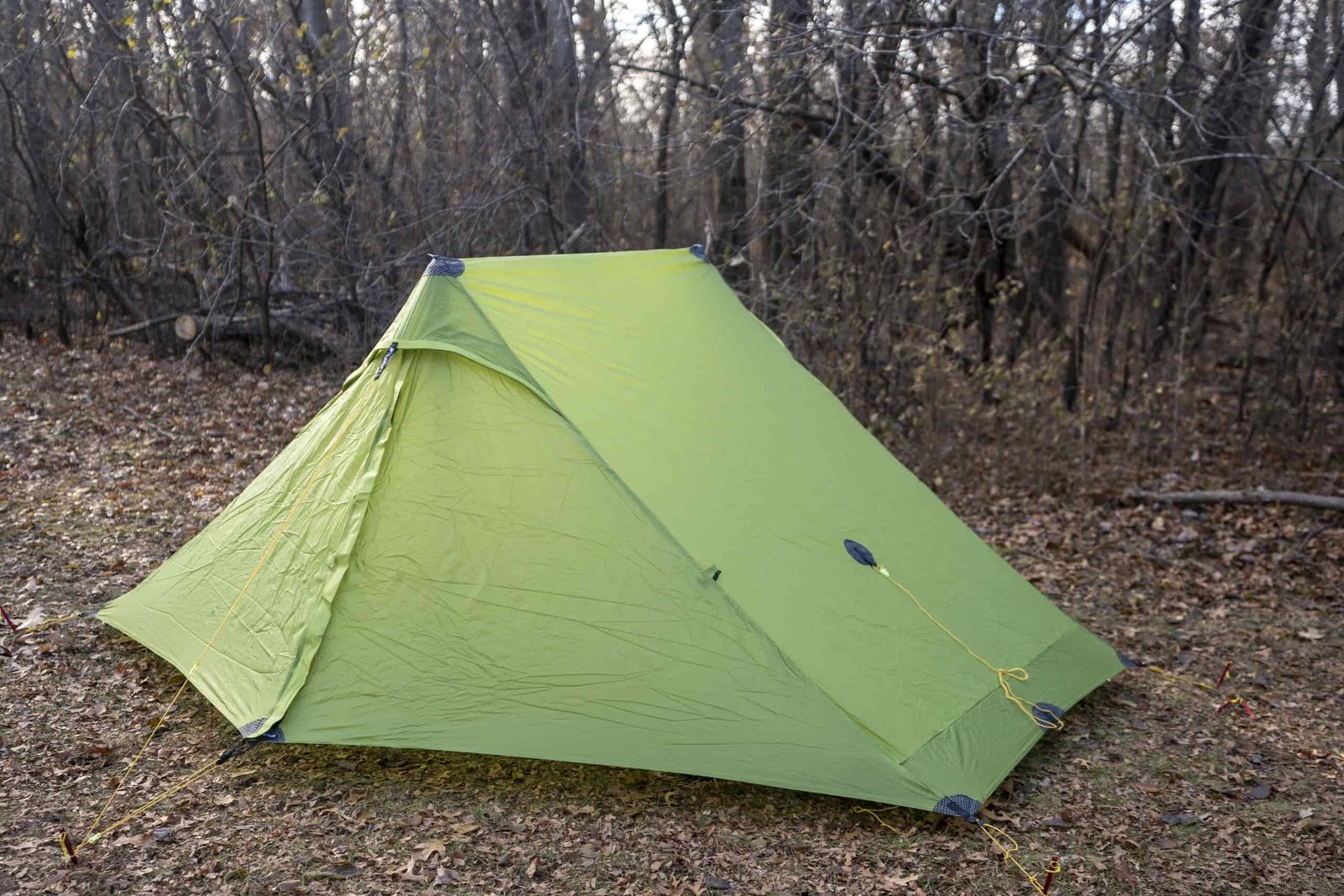 a green a frame tent in a forest clearing