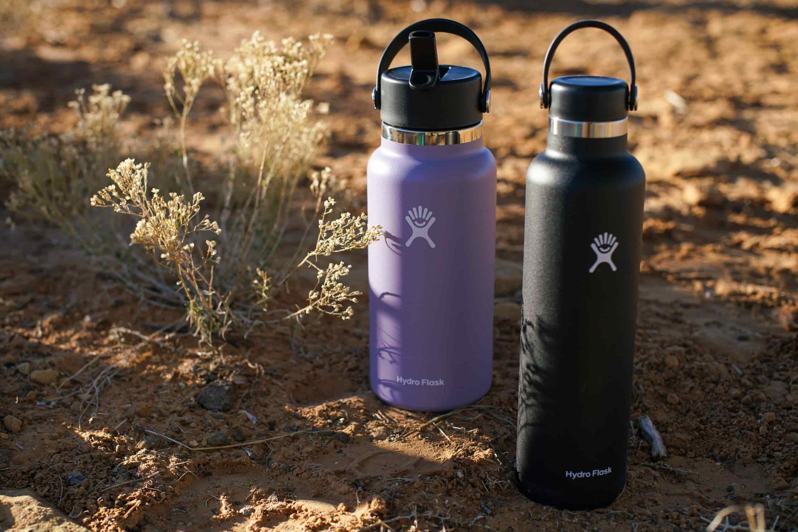 The Hydro Flask Wide Mouth and Hydro Flask Standard Mouth sit next to each other on the ground.