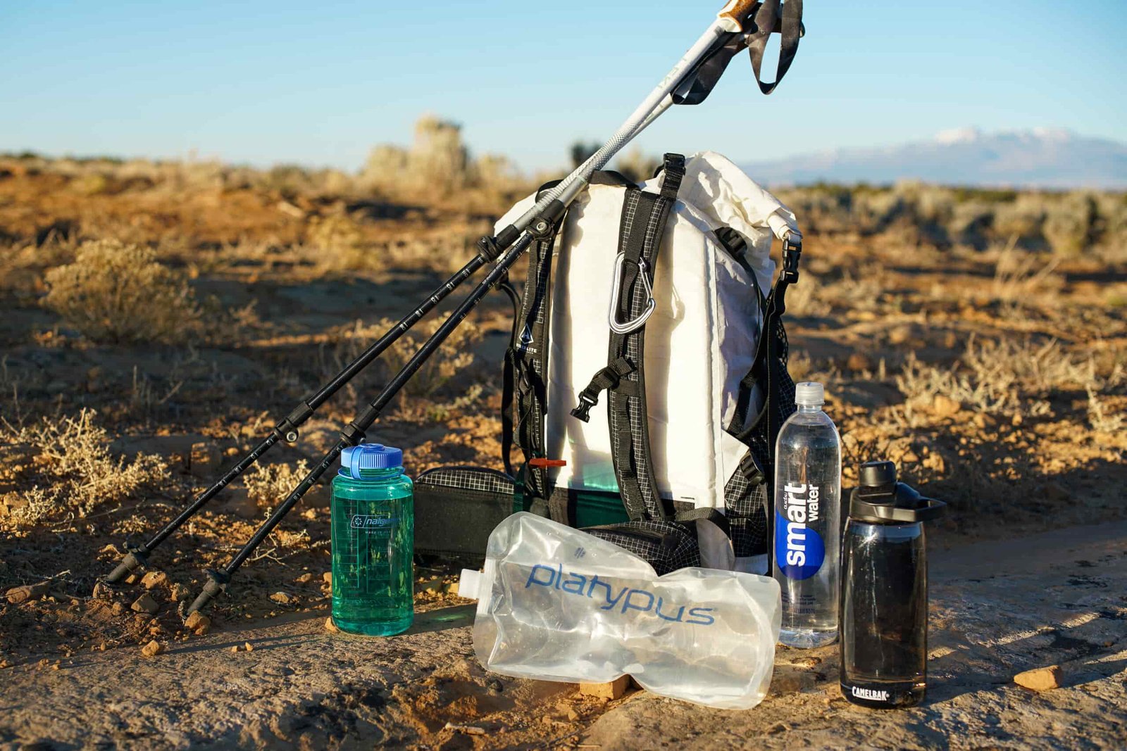 The Nalgene Wide Mouth, Platypus Platy Bottle, Glaceau Smart Water, and CamelBak Chute Mag Renew sit on the ground near a backpack and trekking poles with mountains in the background.