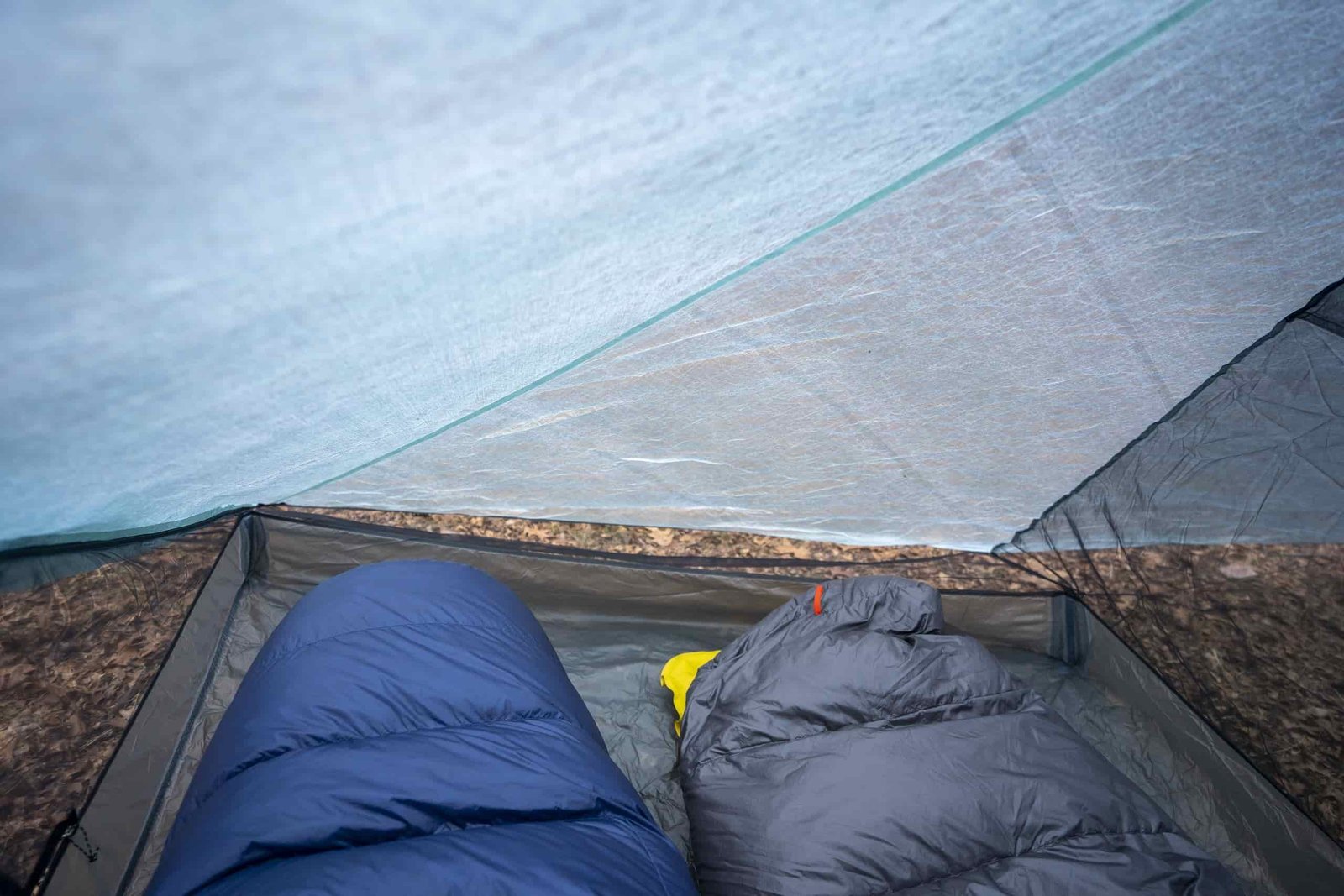 two sleeping bags extend into a two person tent interior