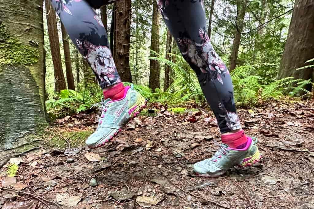 La Sportiva Women's Bushido III close up on trail