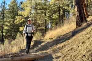 A person wearing a backpack is walking down a trail using trekking poles in a forest.