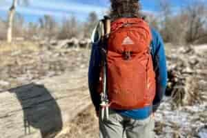 A closeup of a person wearing a backpack in a wilderness area.
