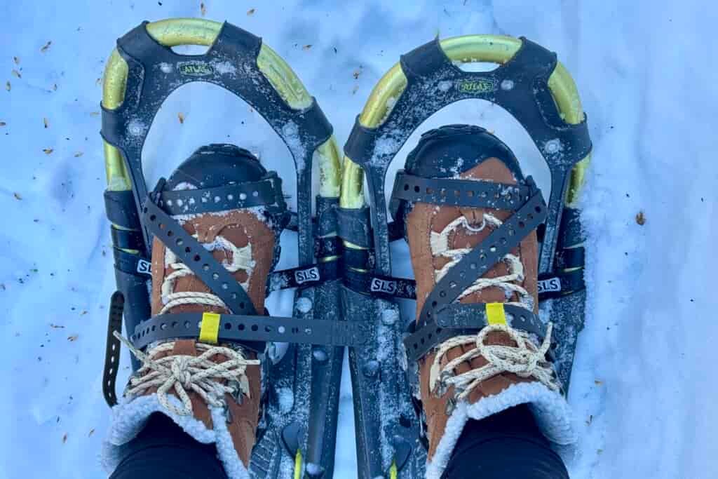 An aerial view of the Bridger boots being used with some snowshoes.