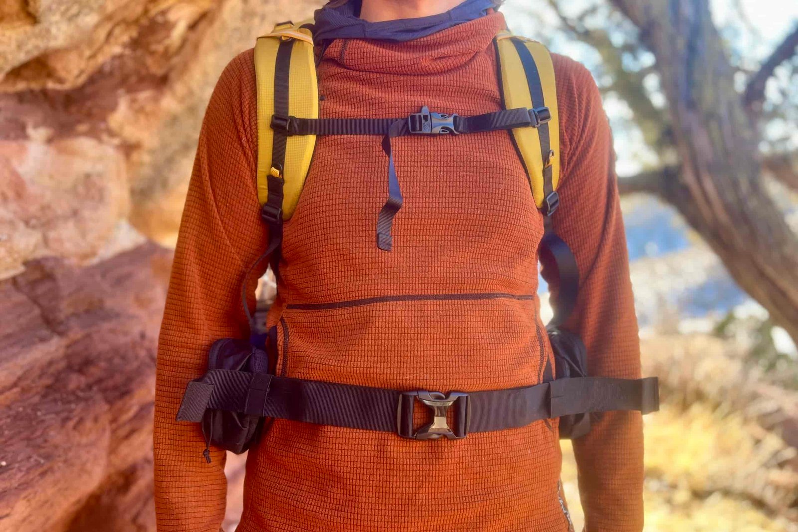 A torso view of a person wearing the Gorilla 50 backpack.