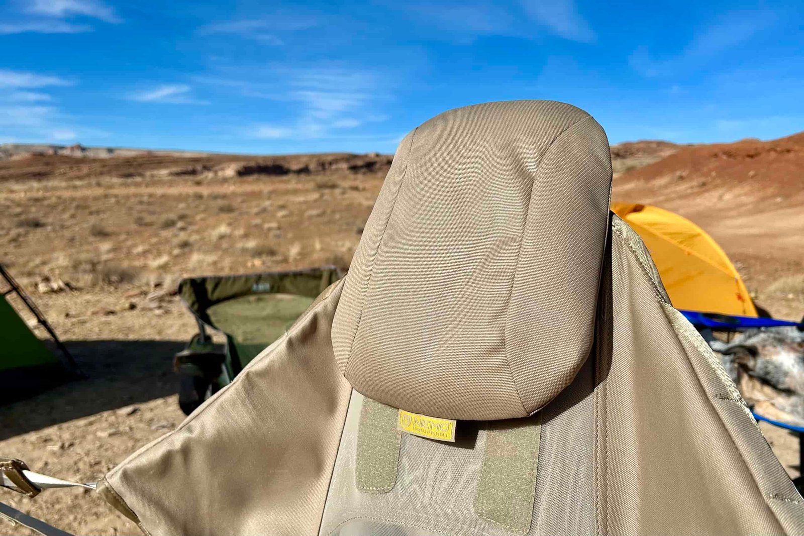 Close up of a camping chair headrest.