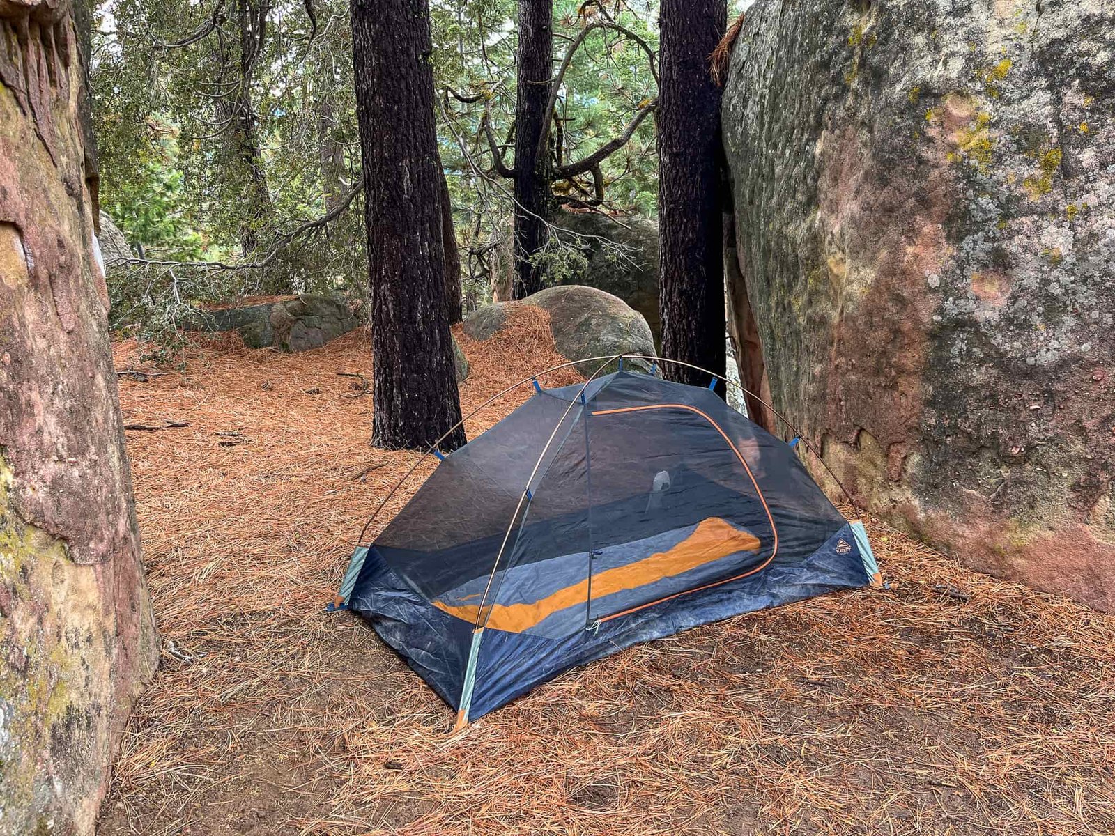 The Kelty Late Start 2 with rainfly removed and zipped up. pitched between two big boulders with surround pine forest and rocks.