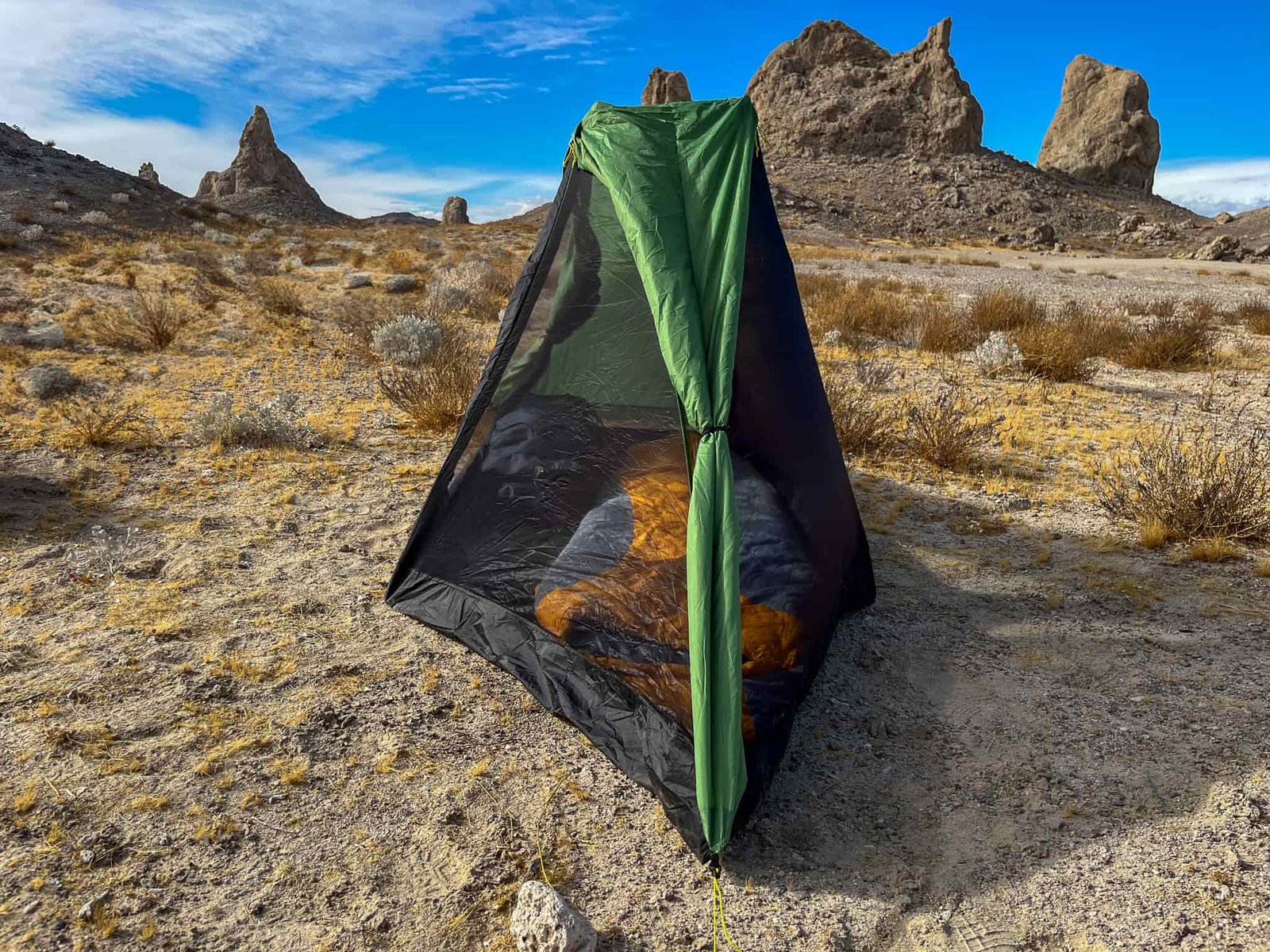 View of the Six Moon Designs Skyscape Scout from the head of the tent showing the interior space and profile width. Desert shrubs, blue sky, and large rock pinnacles in the background.
