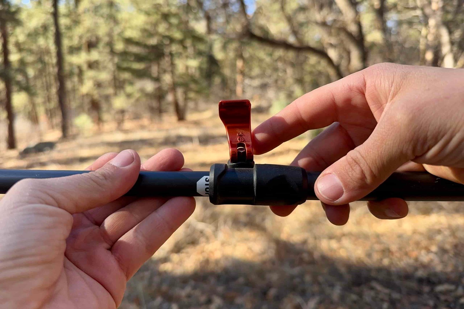 A close up of two hands that are closing a flick lock on a trekking pole. There is a forest in the backround.