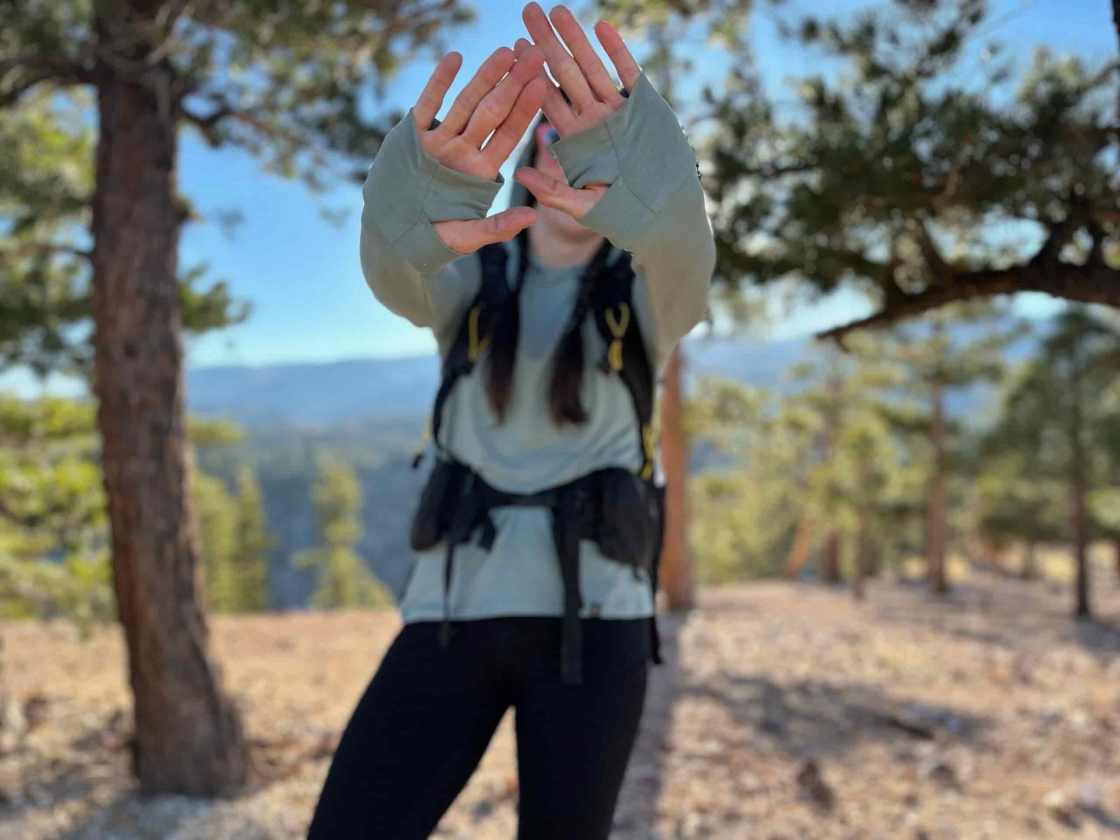woman hiking with backpacking pack on in pine forest