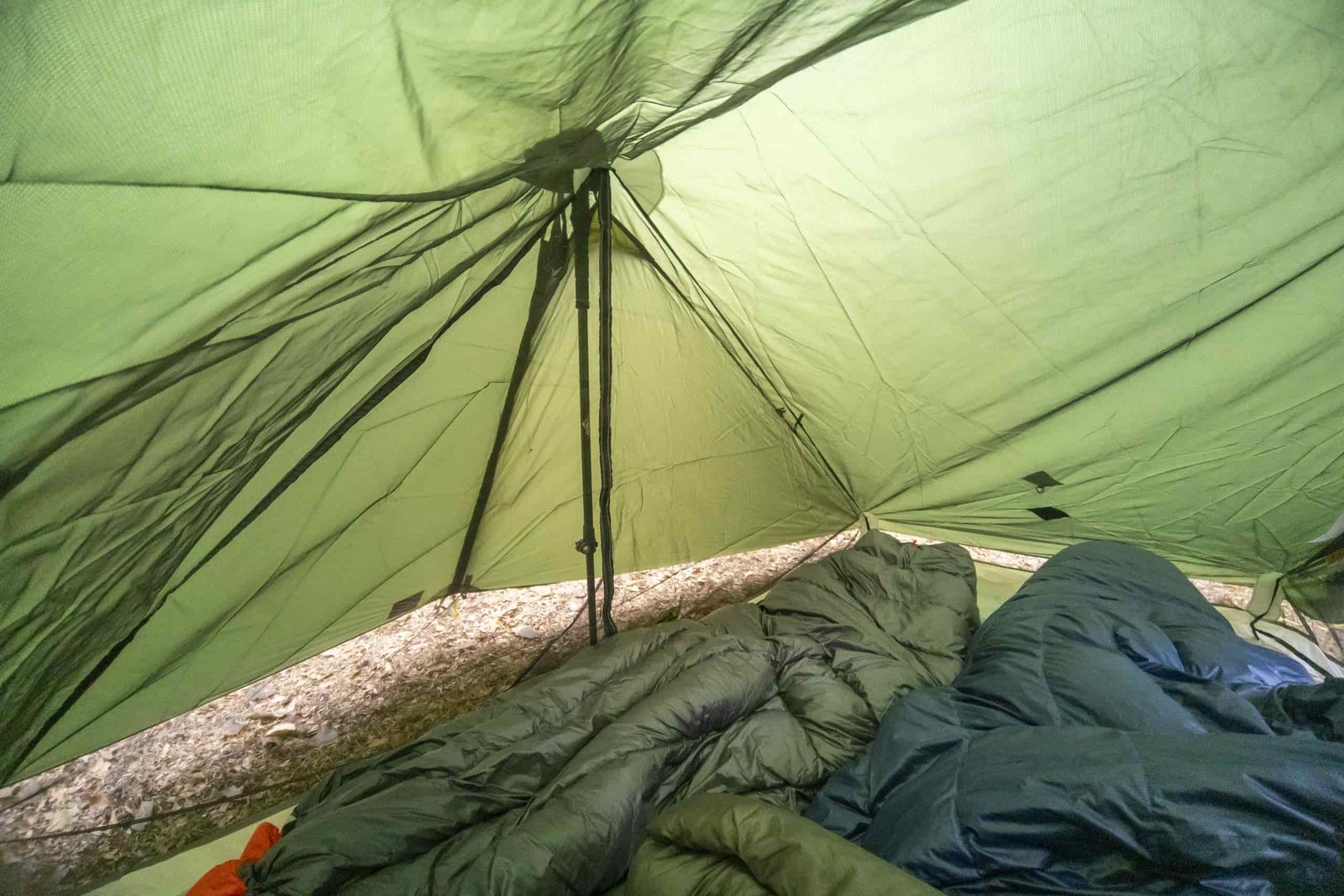 two sleeping bags on the interior of a green tent