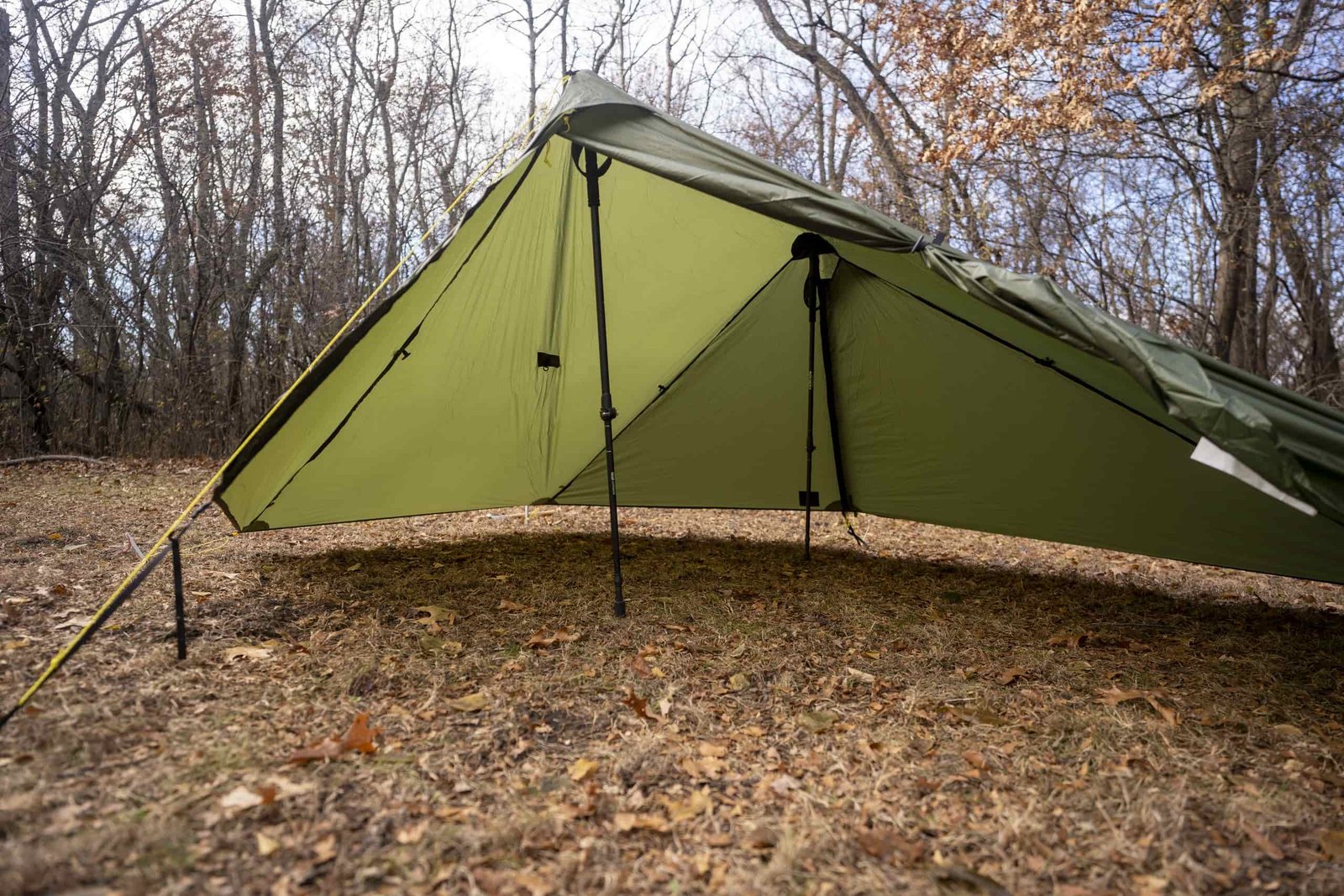 A green tarp is set up without an inner net tent