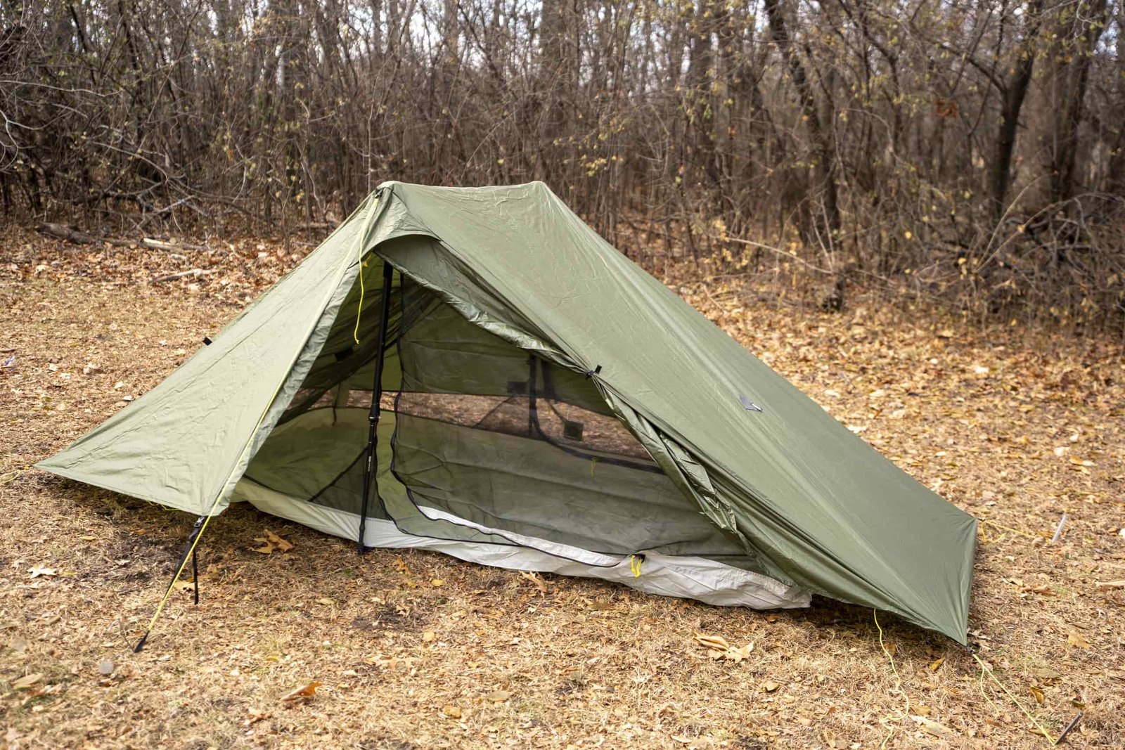 a green tent sits in a forest clearing