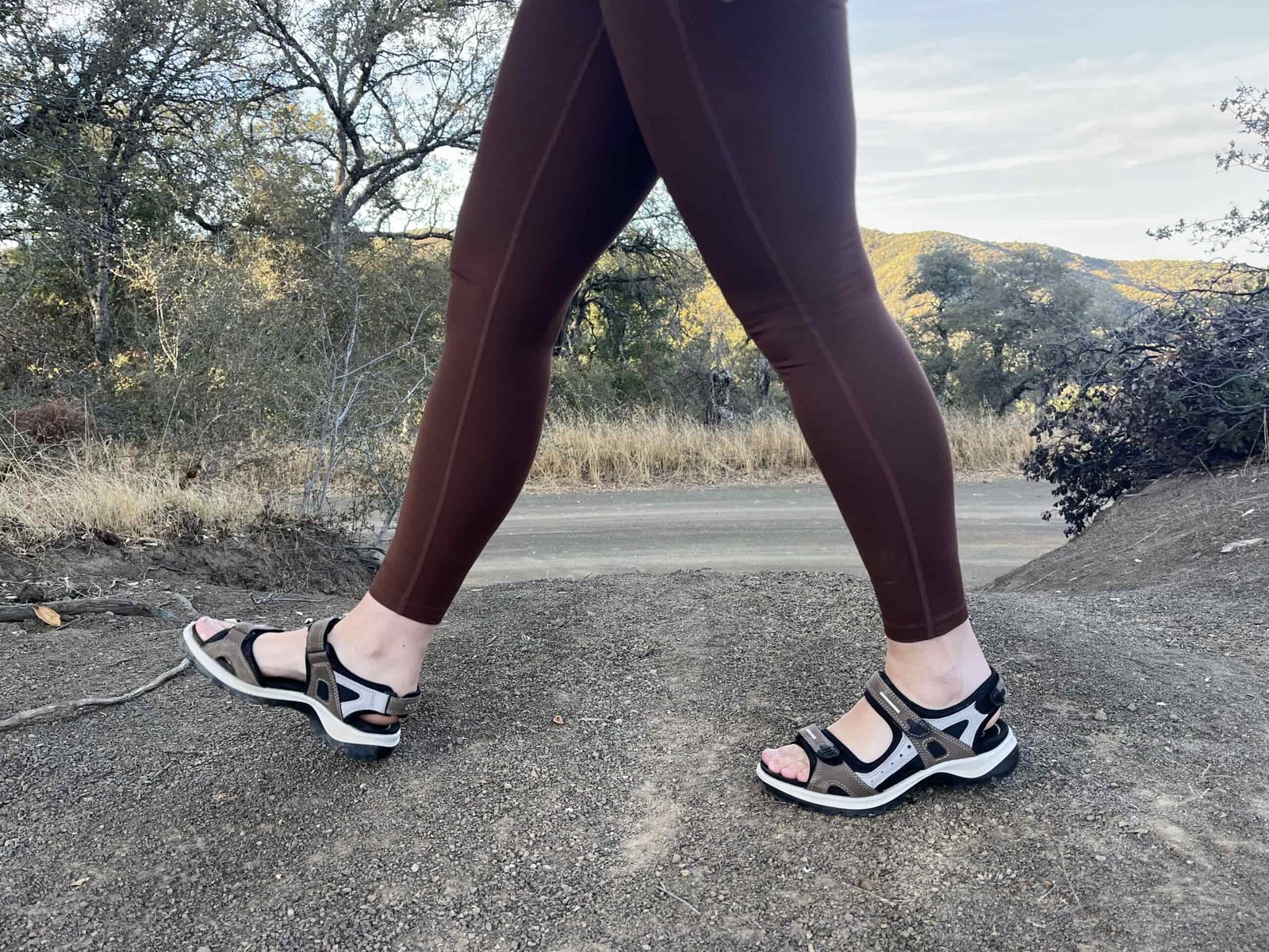 Our tester wearing the Ecco Yucatan sandals on a forest road walk.