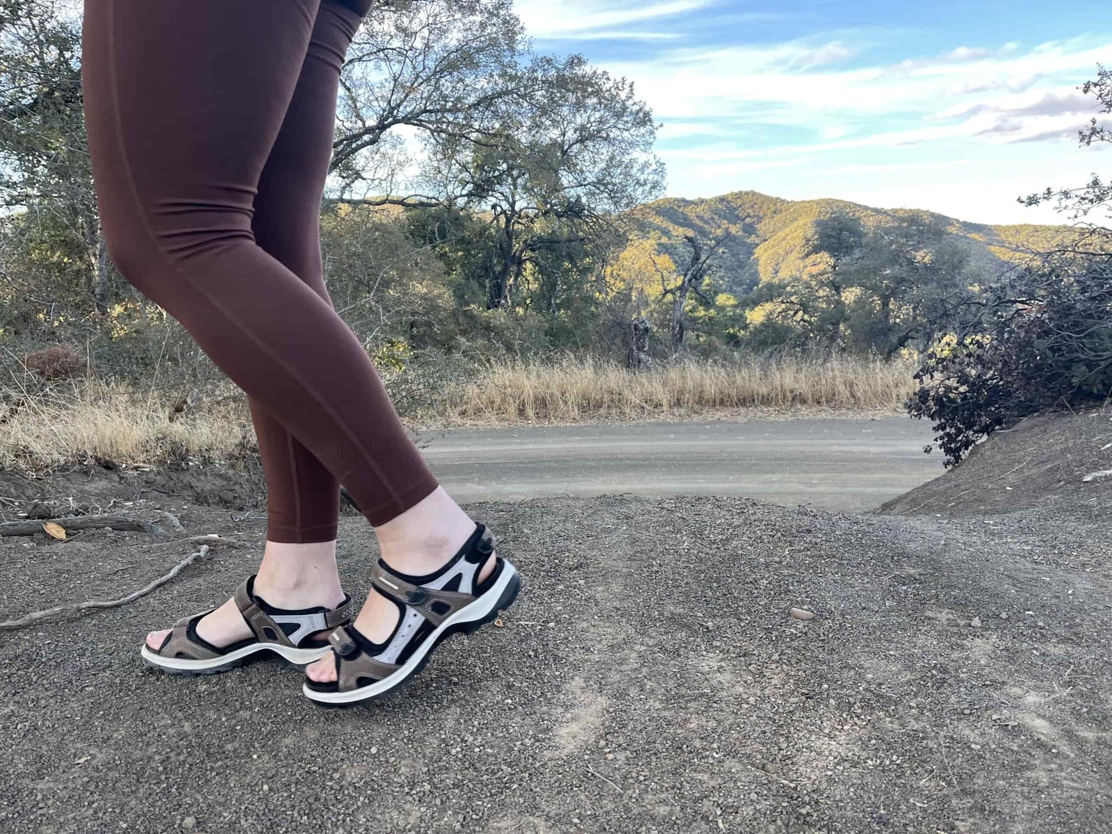 Our tester wearing the Ecco Yucatan sandals on a forest road walk.